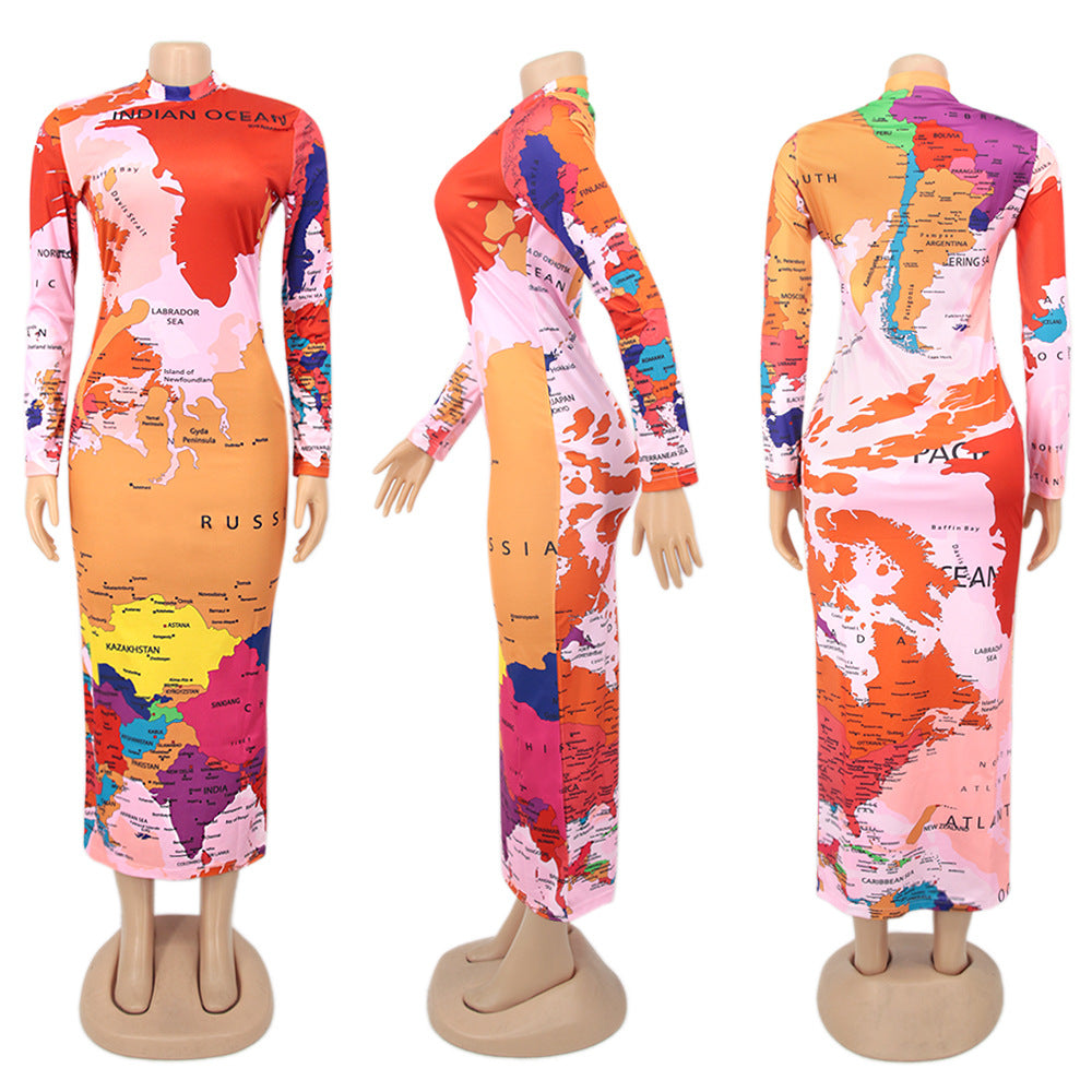 High Neck Long Sleeve Printed Long Dress Fashionable Women's Dress 19