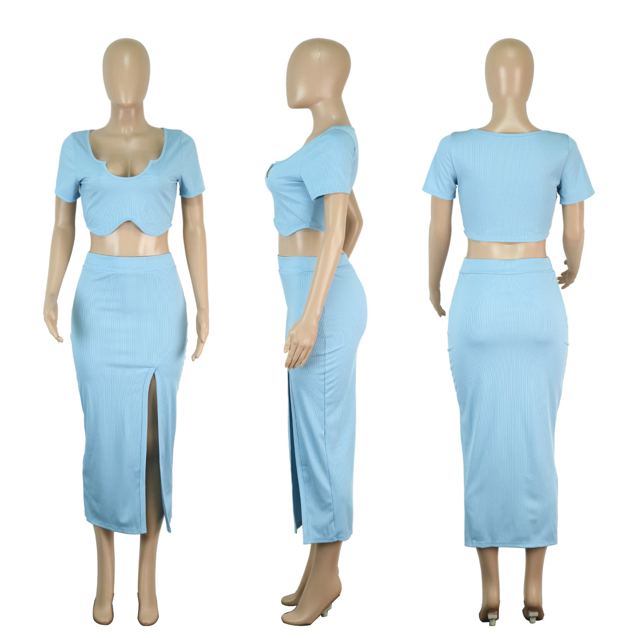 Women's Summer Short-Sleeved Ribbed Crop Top Slit Skirt Sexy Two-Piece Set 9