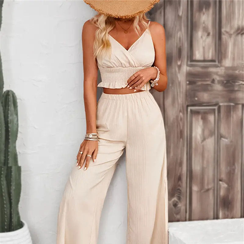 Women's Solid Color Straps Vest Straight Slit Casual Pants Summer Two-Piece Set 13