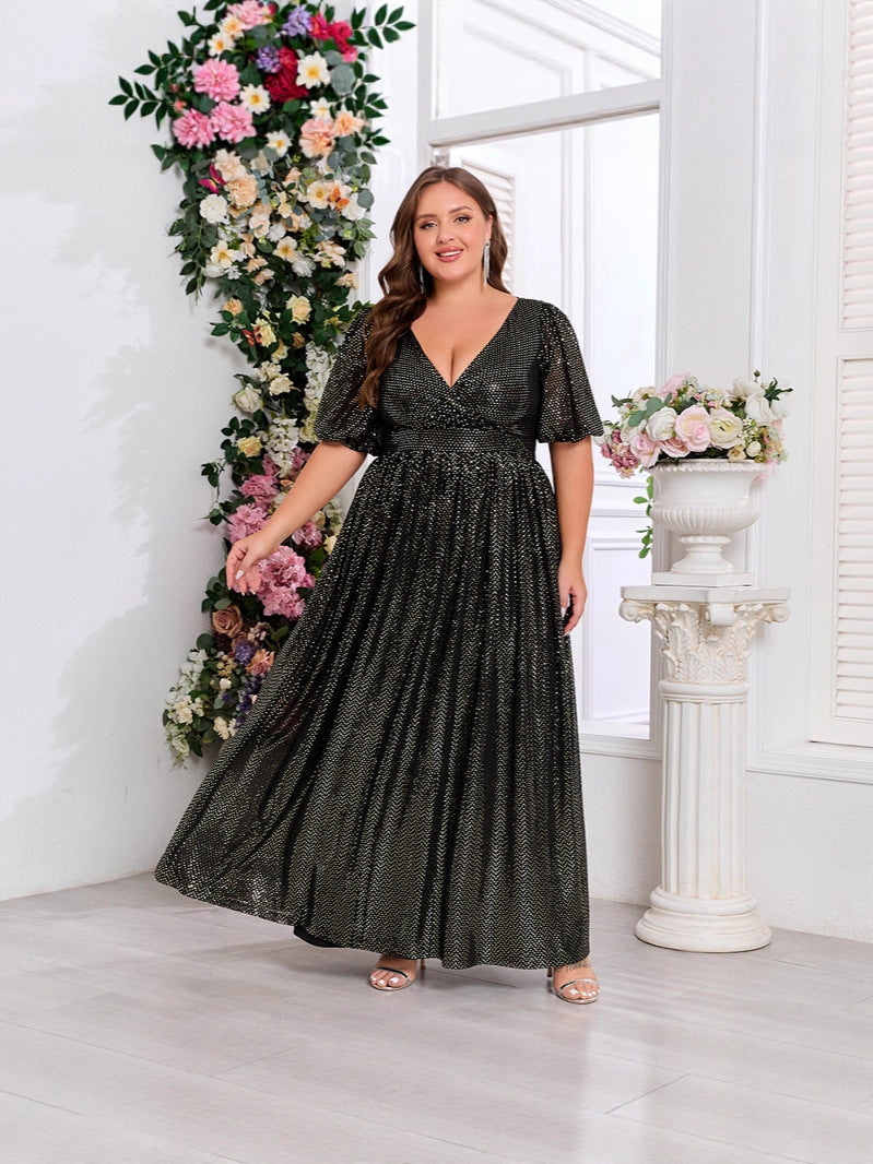 Plus-Size Glitter V-Neck Patchwork Short-Sleeve A-Line Fully Lined Evening Dress 4