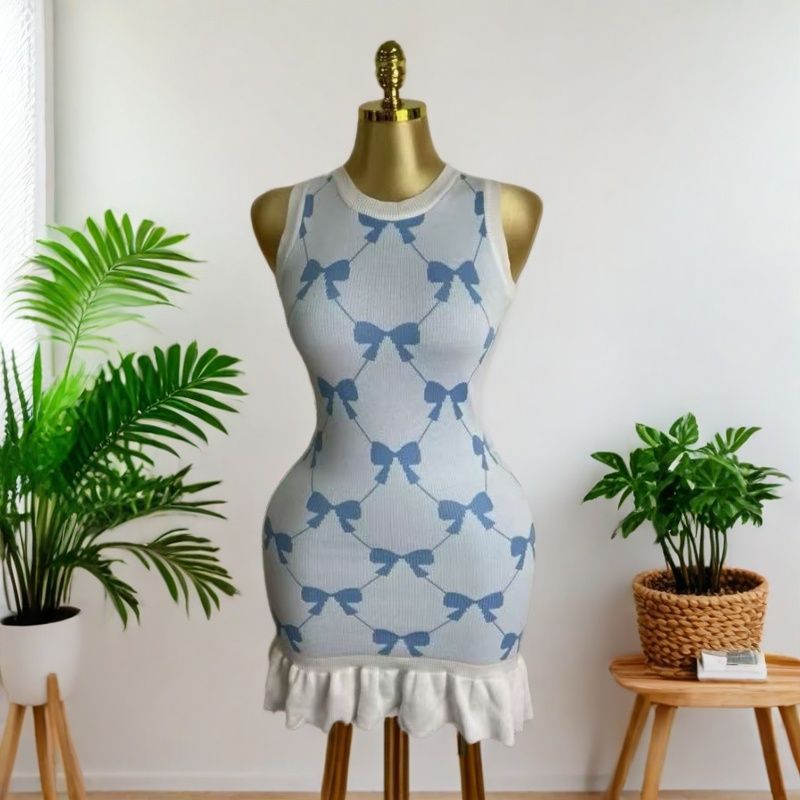 Women Summer Bow Jacquard Knitting Sleeveless Dress 10