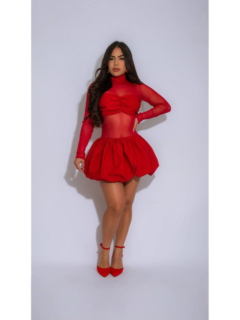 Women summer elegant bubble long sleeve mesh dress 6