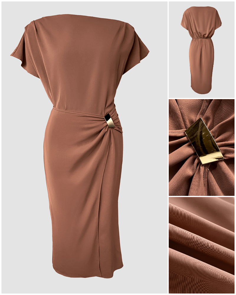 Solid Color Slash Shoulder Lace-Up Patchwork Slit Dress 4