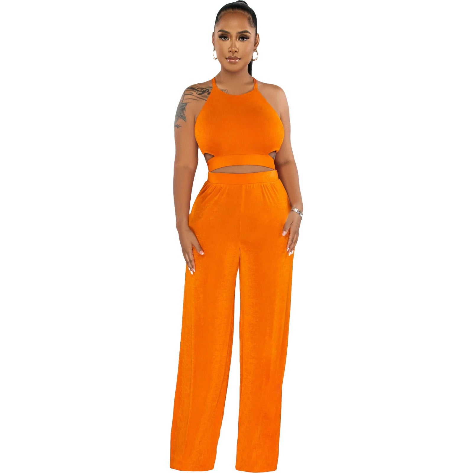 Women Halter Neck Crossover Crop Top andSolid Wide Leg Pants Two-Piece Set