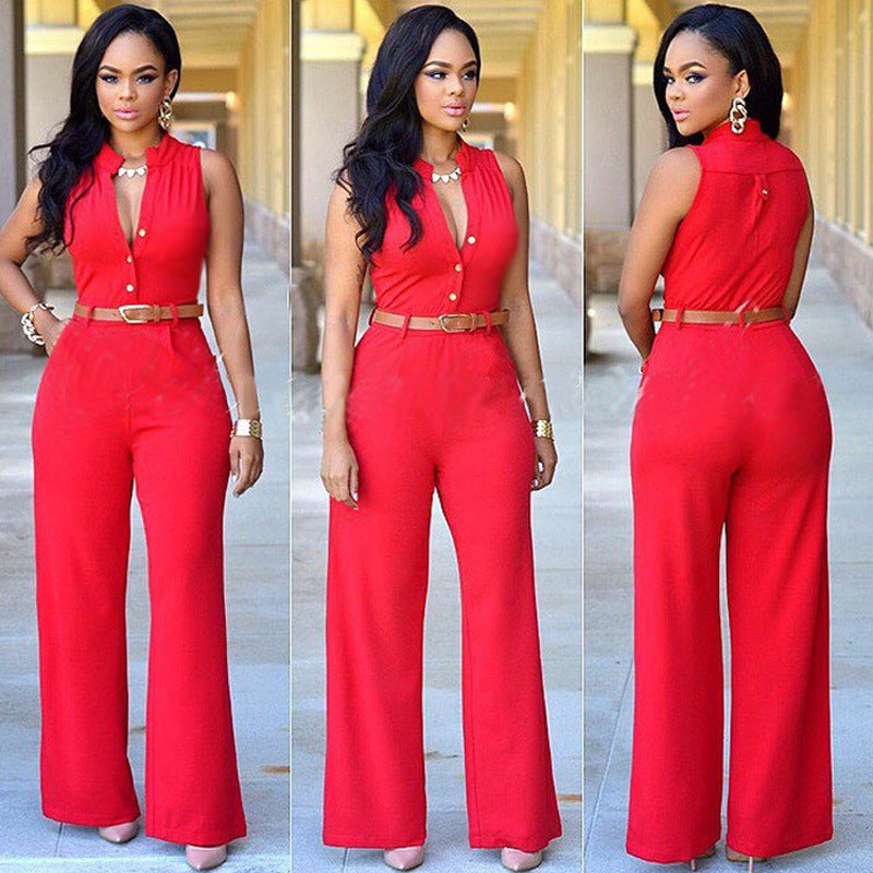 Women's Single Breasted Sleeveless High Waist Belted Wide Leg Jumpsuit 8