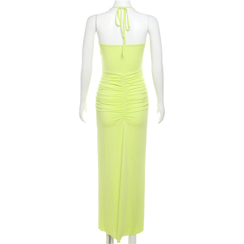 Women autumn and winter Halter Neck Off Shoulder Pleated slit dress 6