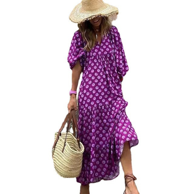 Women Summer Geometric Patch Puff Sleeve Dress 25