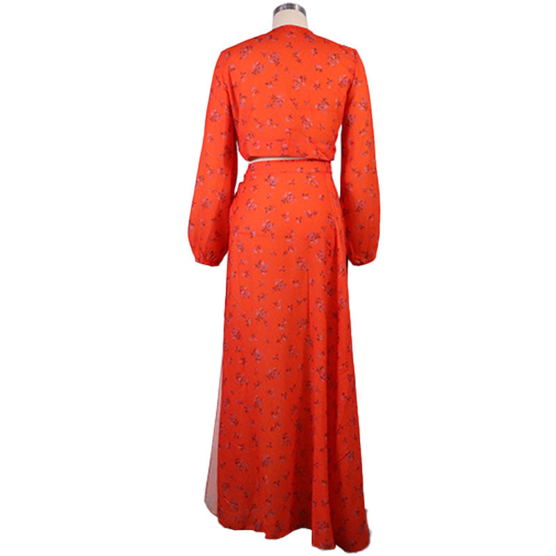 Fall Women Sexy Printed Lace-Up Shirt And Split Skirt Two Piece 8