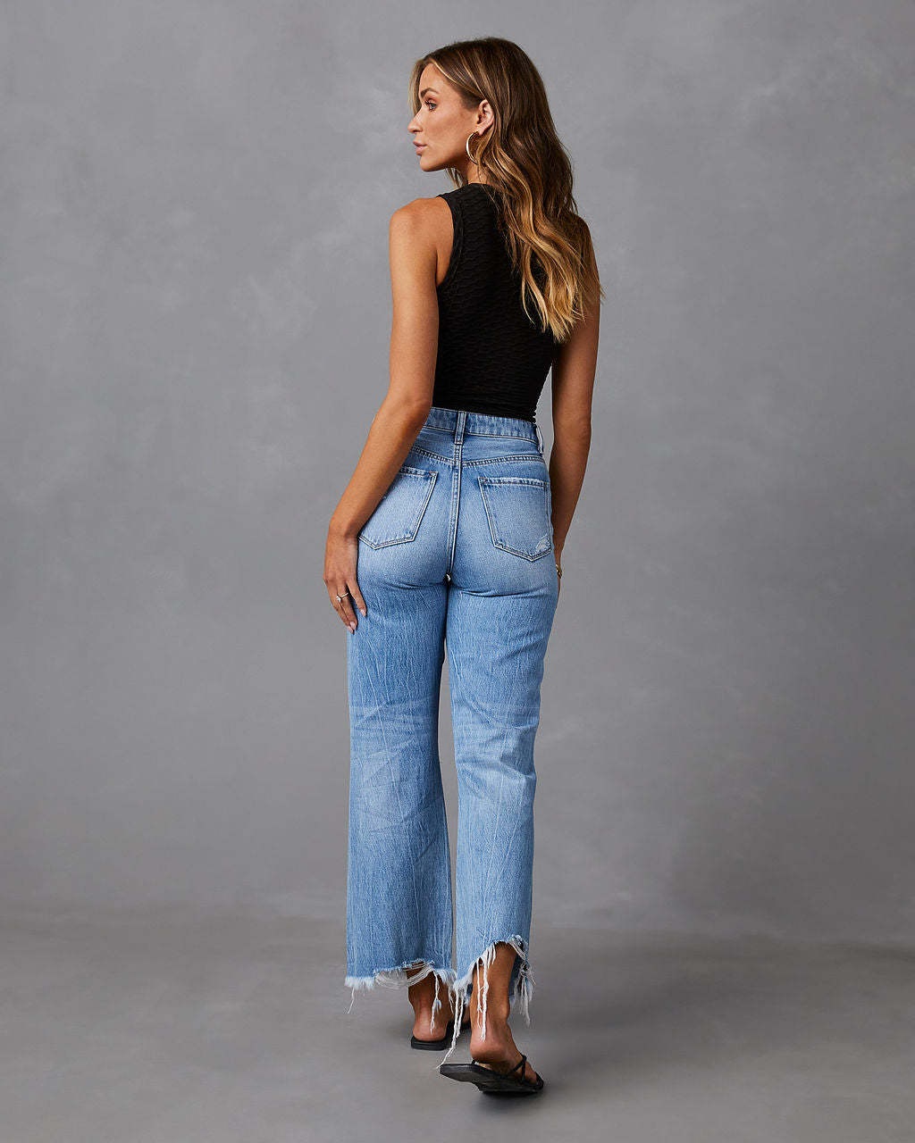 Tassel Washed Ripped Women's Denim Trousers Casual Mid-High Waist Wide Leg Pants 5