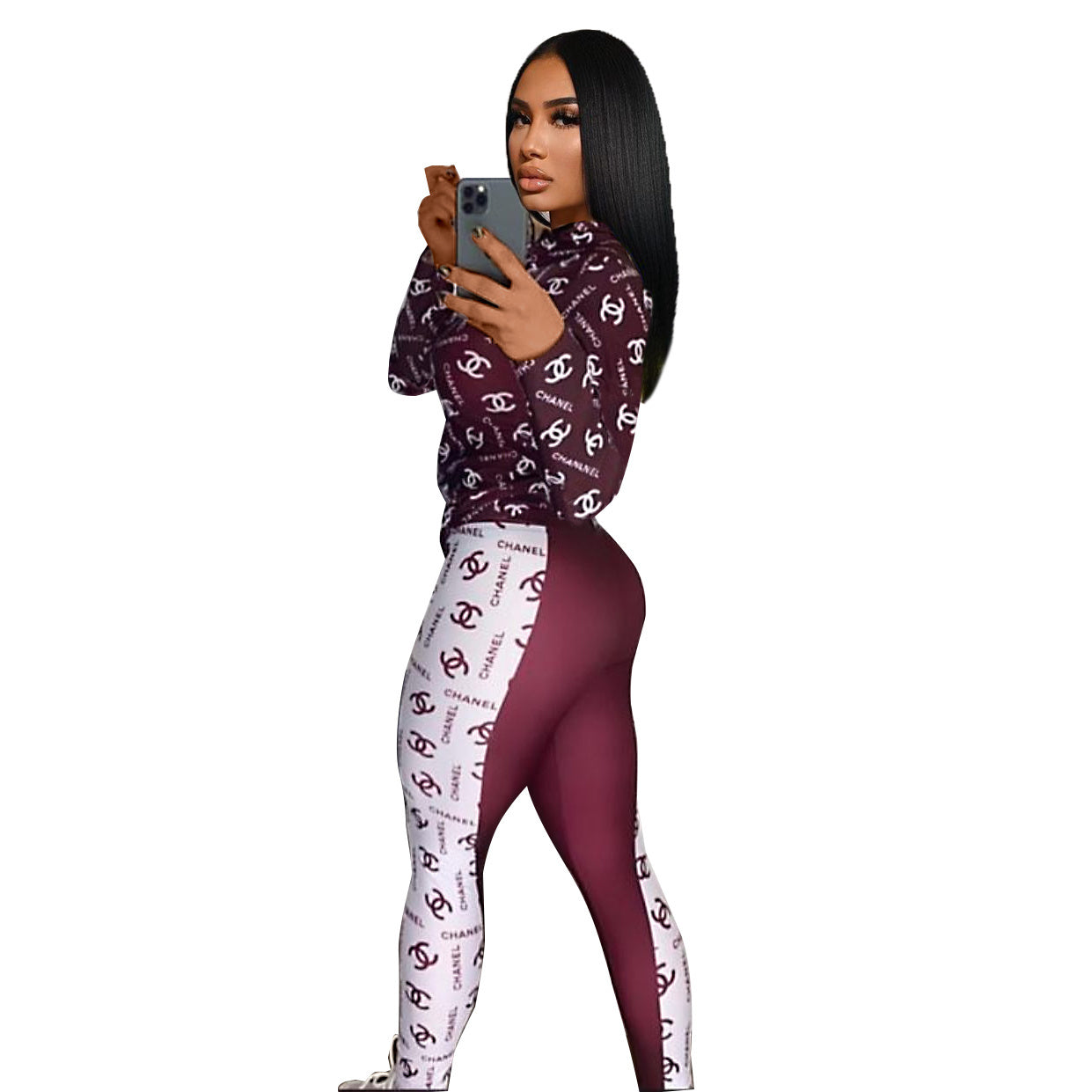 Women's Casual Fashion Chic Color Block Print Zipper  Two-Piece  Pants Set 11