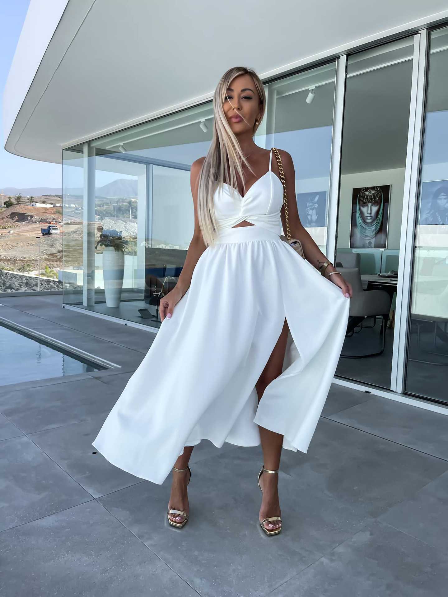 Women Summer V Neck Hollow Slit Suspender Dress 25