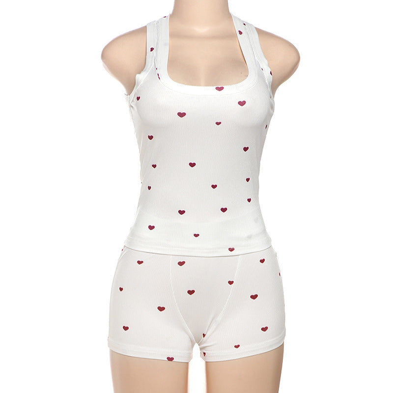 Women Summer Heart Print Vest Shorts Two Piece Set 11