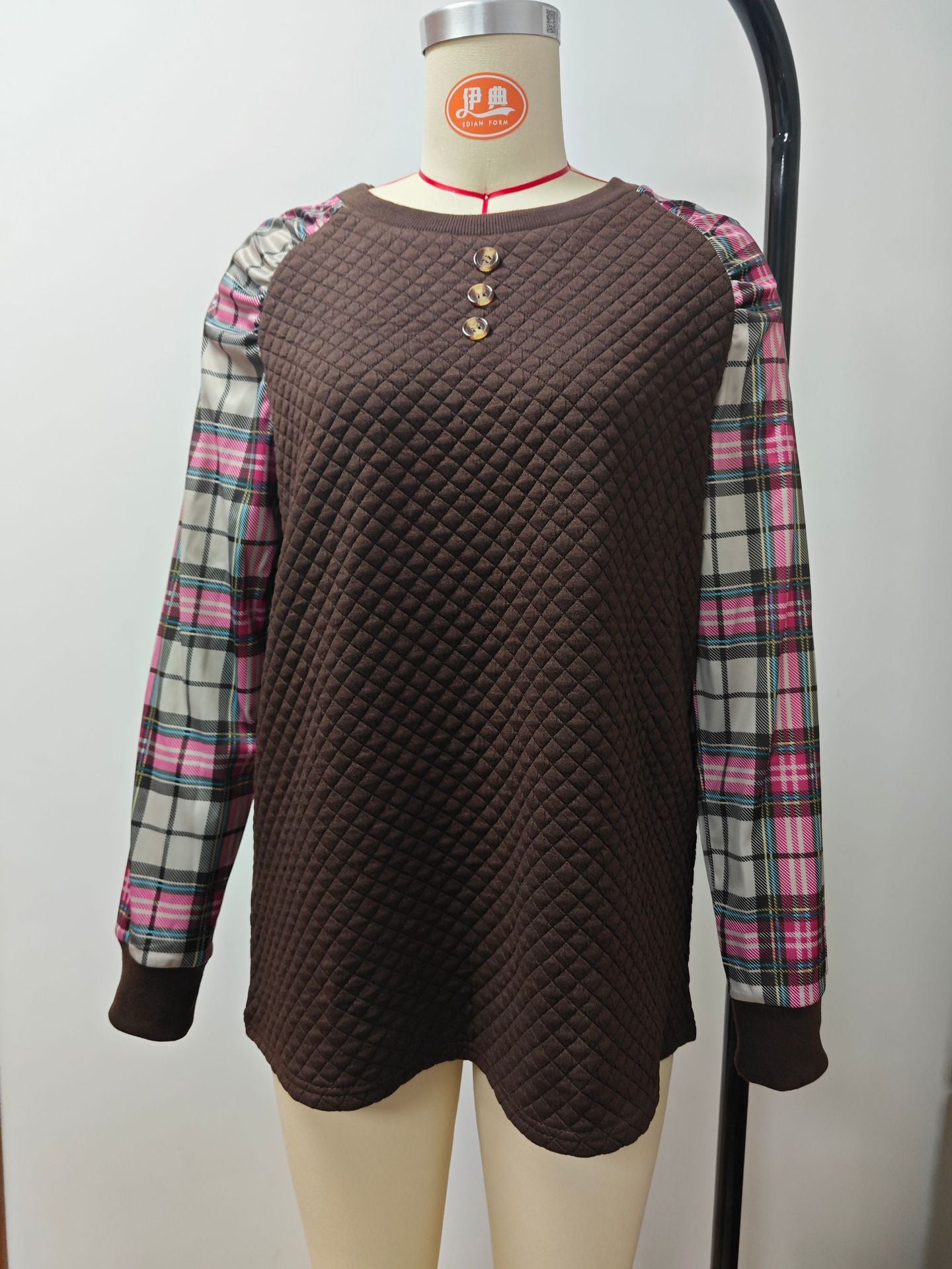 Women Diamond Check Patchwork Long Sleeve Round Neck Casual Top 10