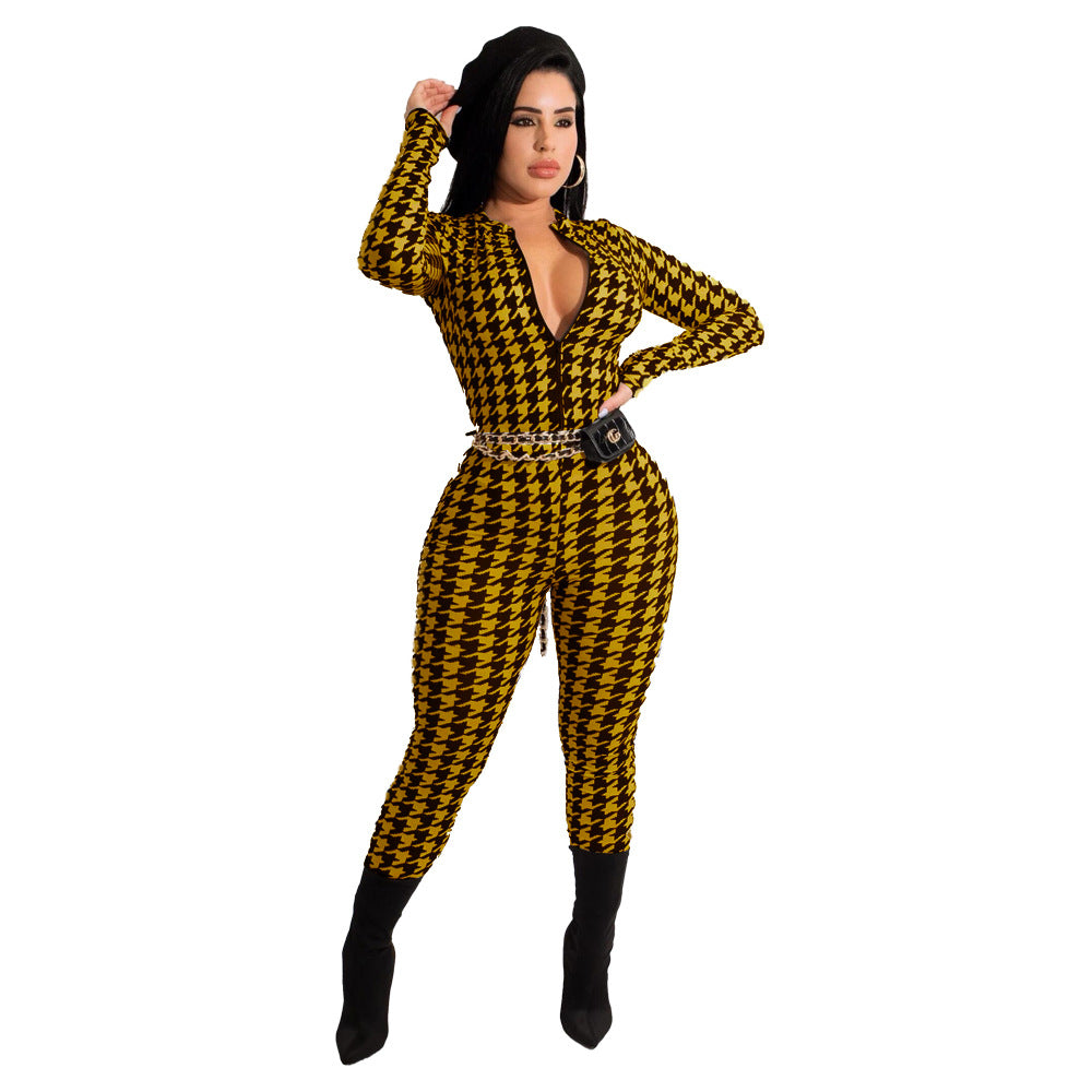 Spring Women's Plaid Print Round Neck Zipper Casual Jumpsuit 6