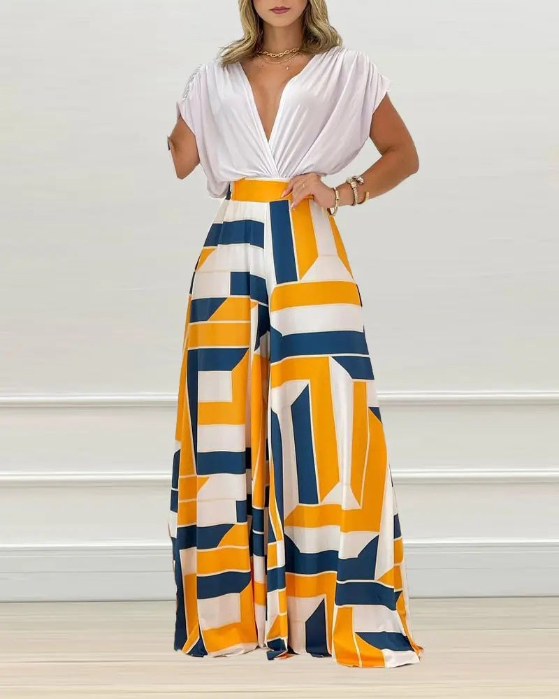Women's Spring Summer Solid Bat Sleeves Top Print Wide Leg Pants Two-Piece Set 17