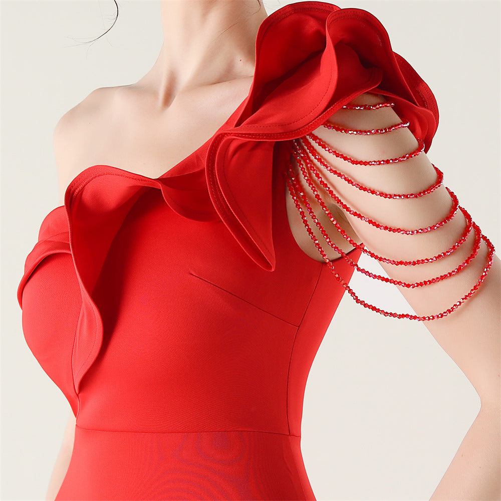 Women ruffled one-shoulder beaded fishtail formal party evening dress 24