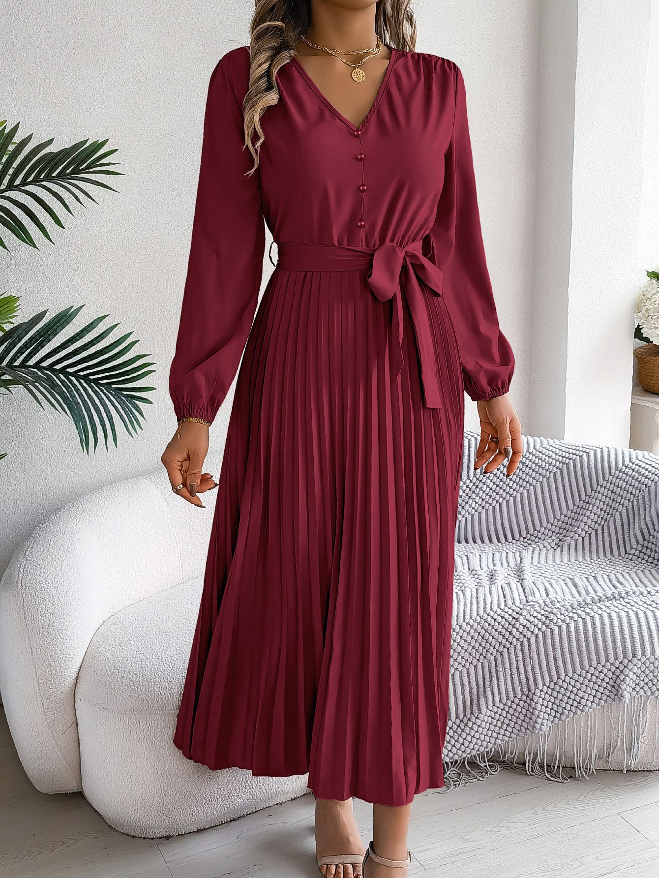 Women Elegant V-neck Button Lace-up Pleated Dress 5