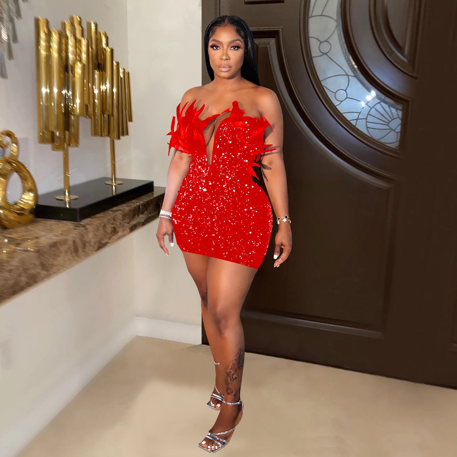 Women Sequin Feather Sleeveless Dress 6