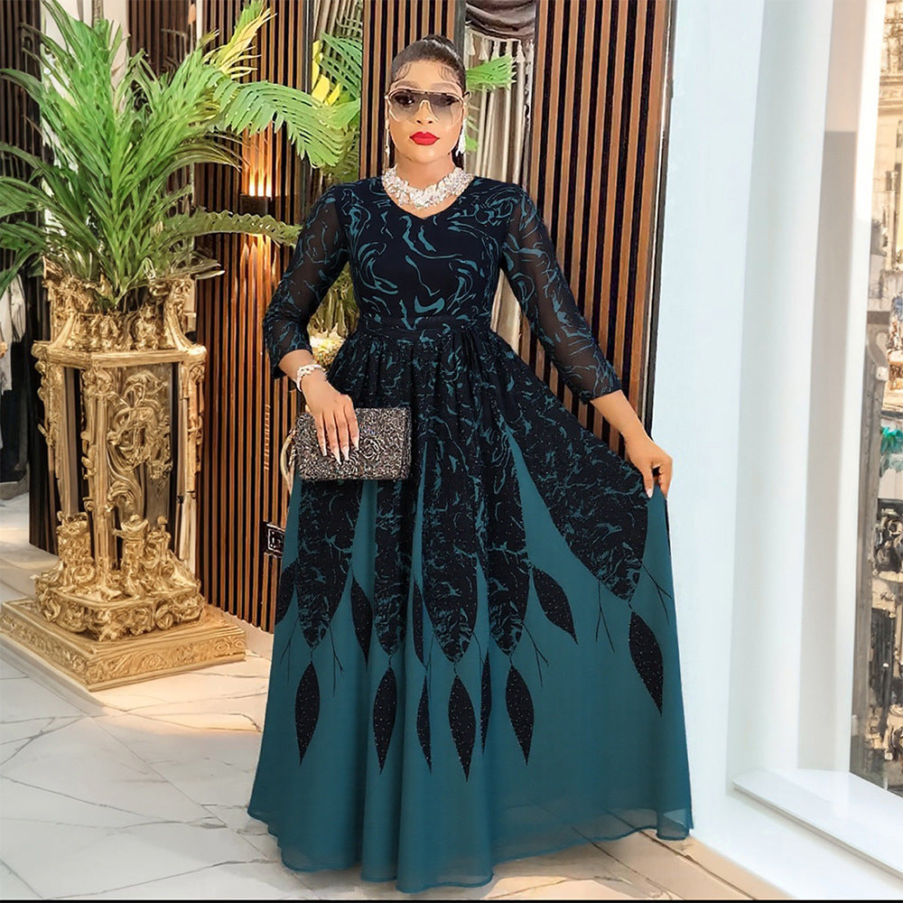 Plus Size African Women Long Sleeve Elegant Print Chiffon Maxi Dress