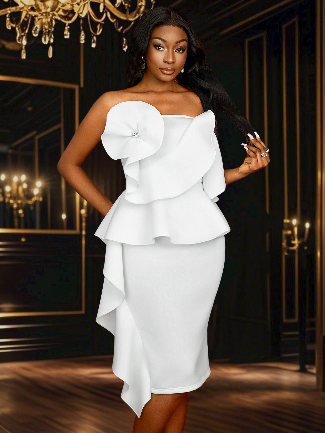 Women Sexy Strapless Lotus Leaf Lace Elegant Bodycon Dress 12