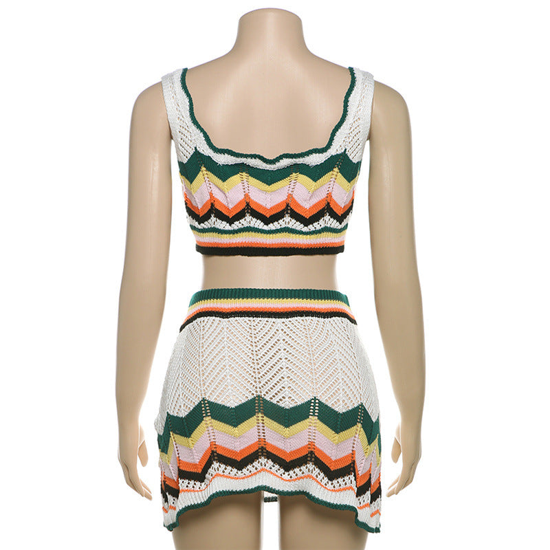 Summer Fashion Contrast Sexy V-Neck Crop Vest High Waist Slim Short Skirt Two Piece Set 8