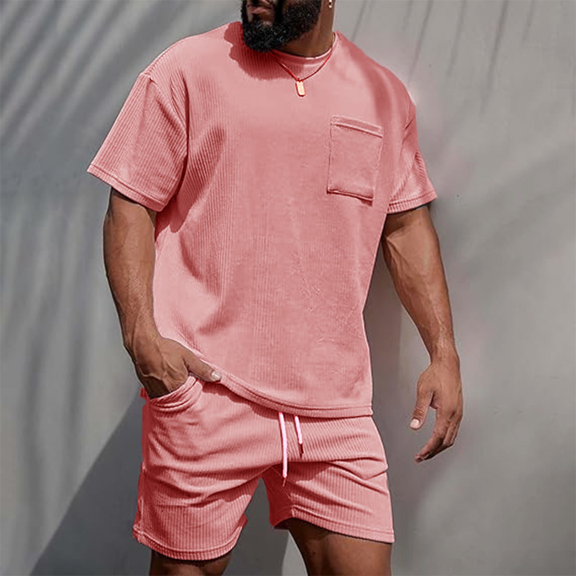 Men's casual round neck solid T-shirt shorts two-piece set