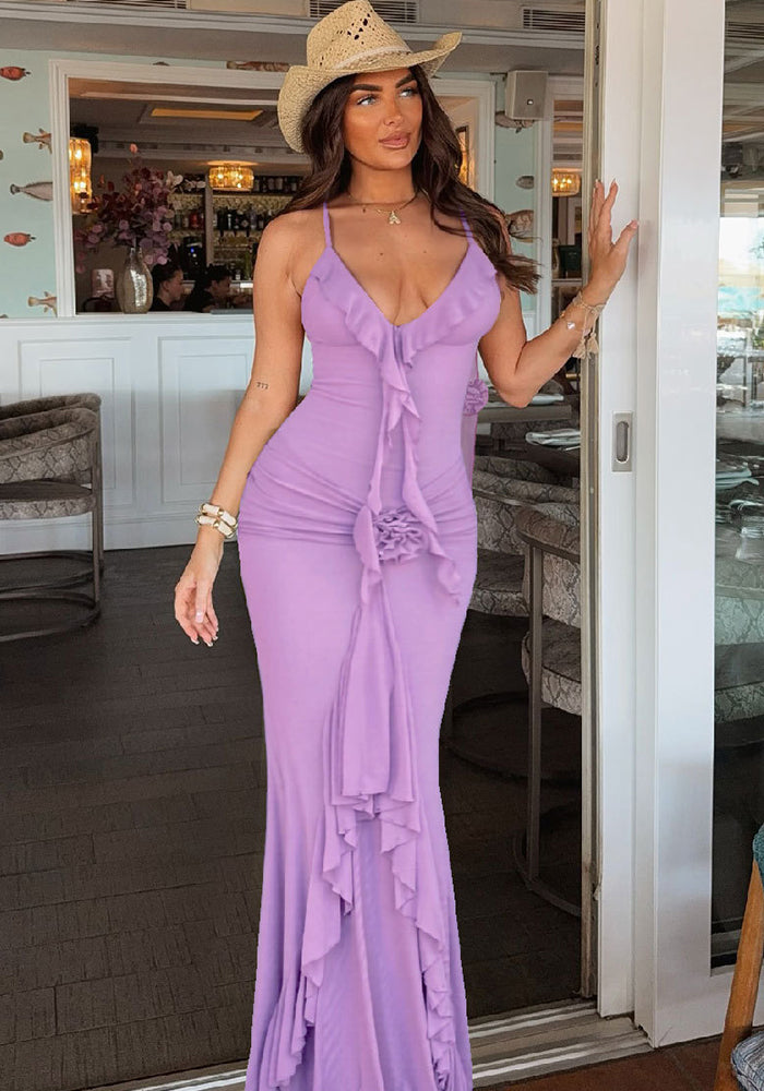 Women Solid Suspender Ruffle Sexy Slit Maxi Dress