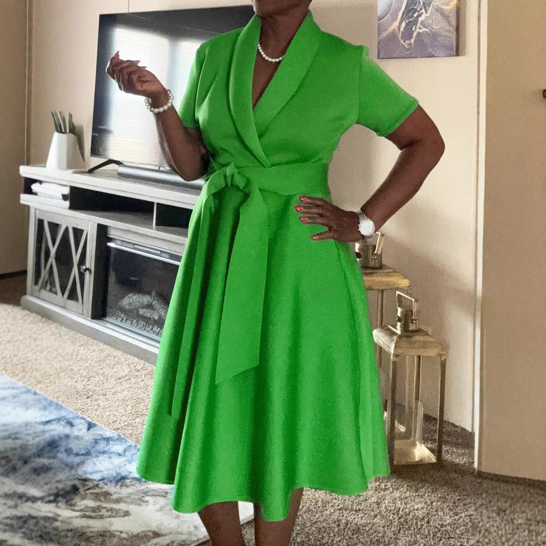 Plus Size Women Cross Turndown Collar Short Sleeve Solid Dress 3