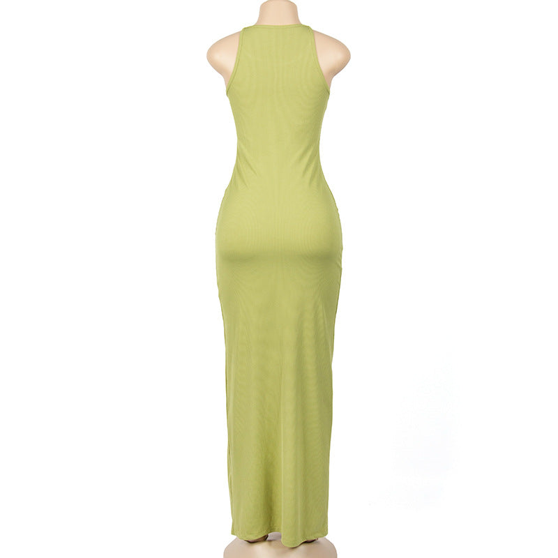 Women Summer Solid Sleeveless Round Neck Slit Bodycon Dress 12