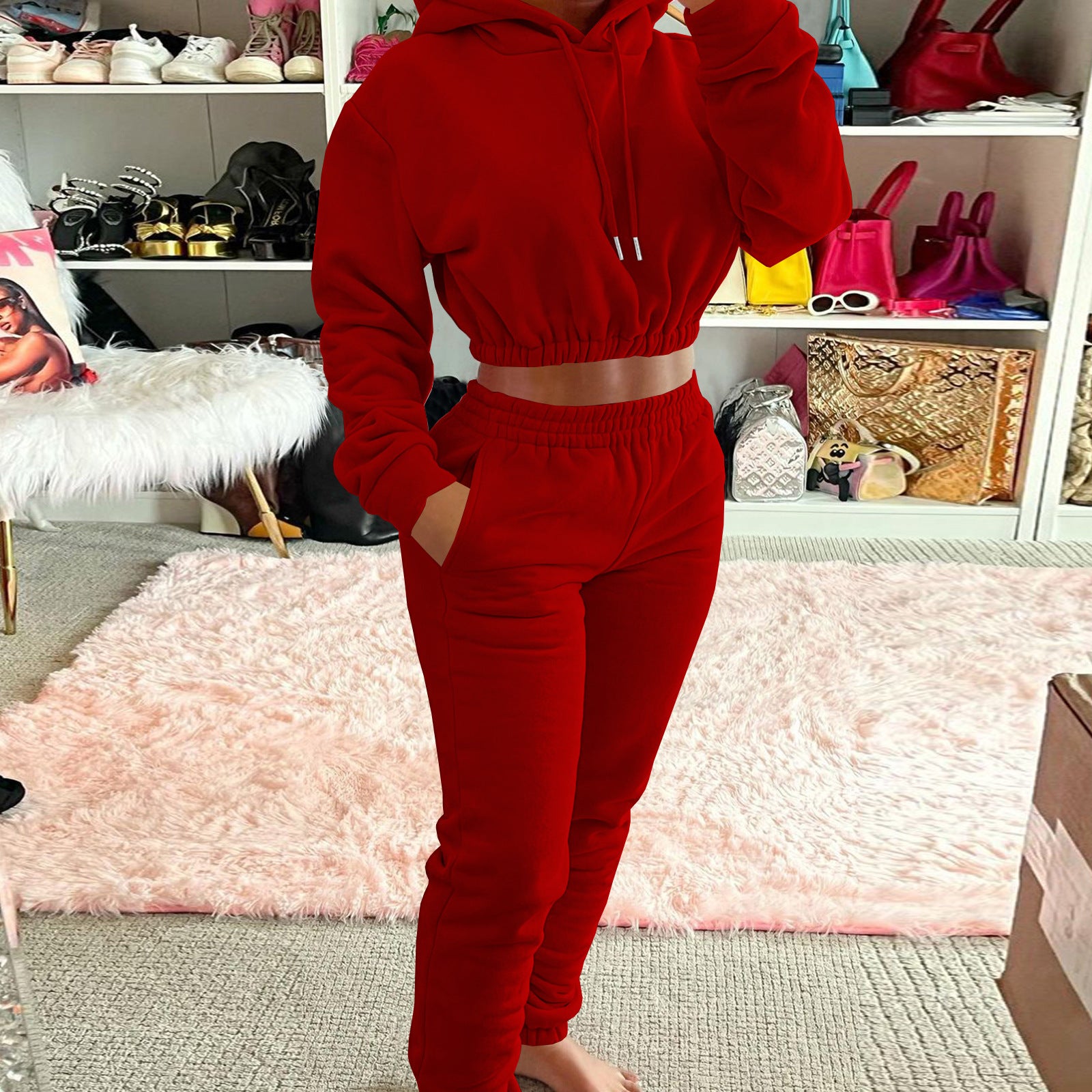 Women's Spring And Winter Velvet Sports Casual Hoodies Jogging Pants Two-Piece Set 8
