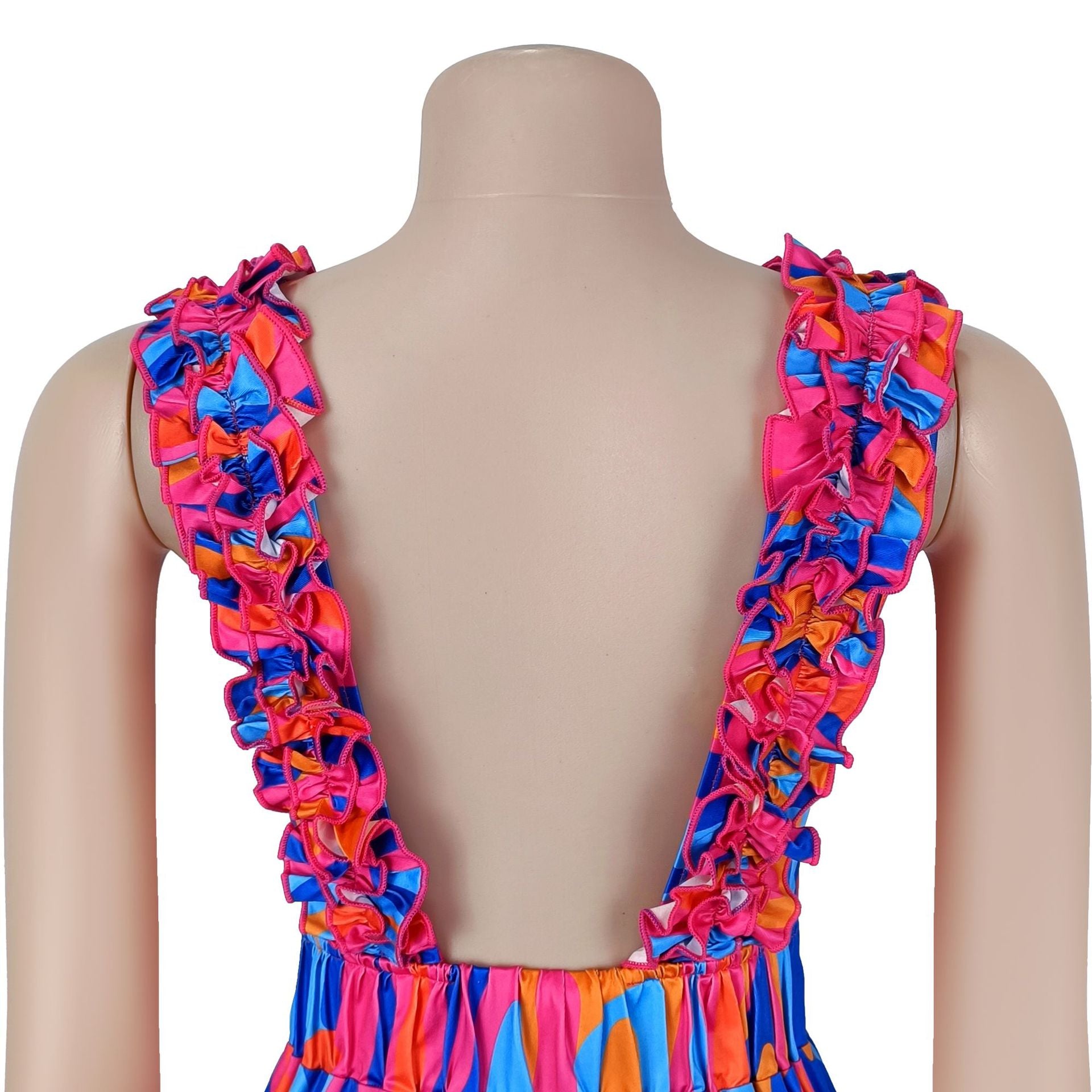 Women elegant ruffled shoulder strap printed dress 9
