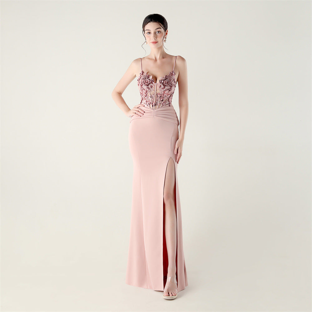 Women Off-shoulder Sexy Evening Applique Beaded Tube Fishbone Pressed Evening Dress 14