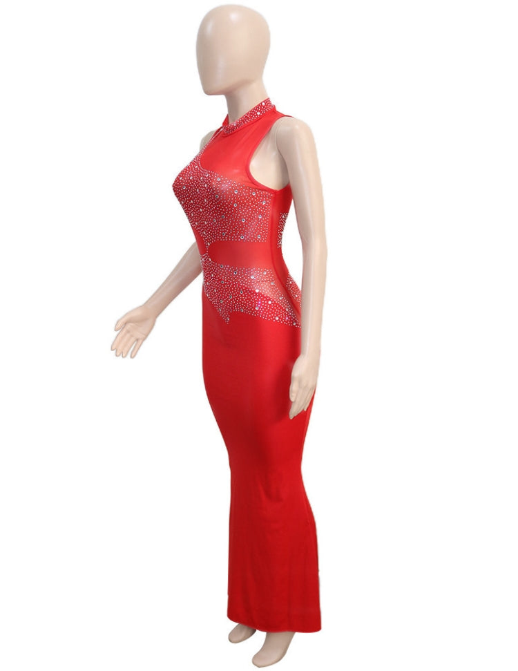 Winter Sexy Red Beaded Mesh Patch Sleeveless Evening Dress 3