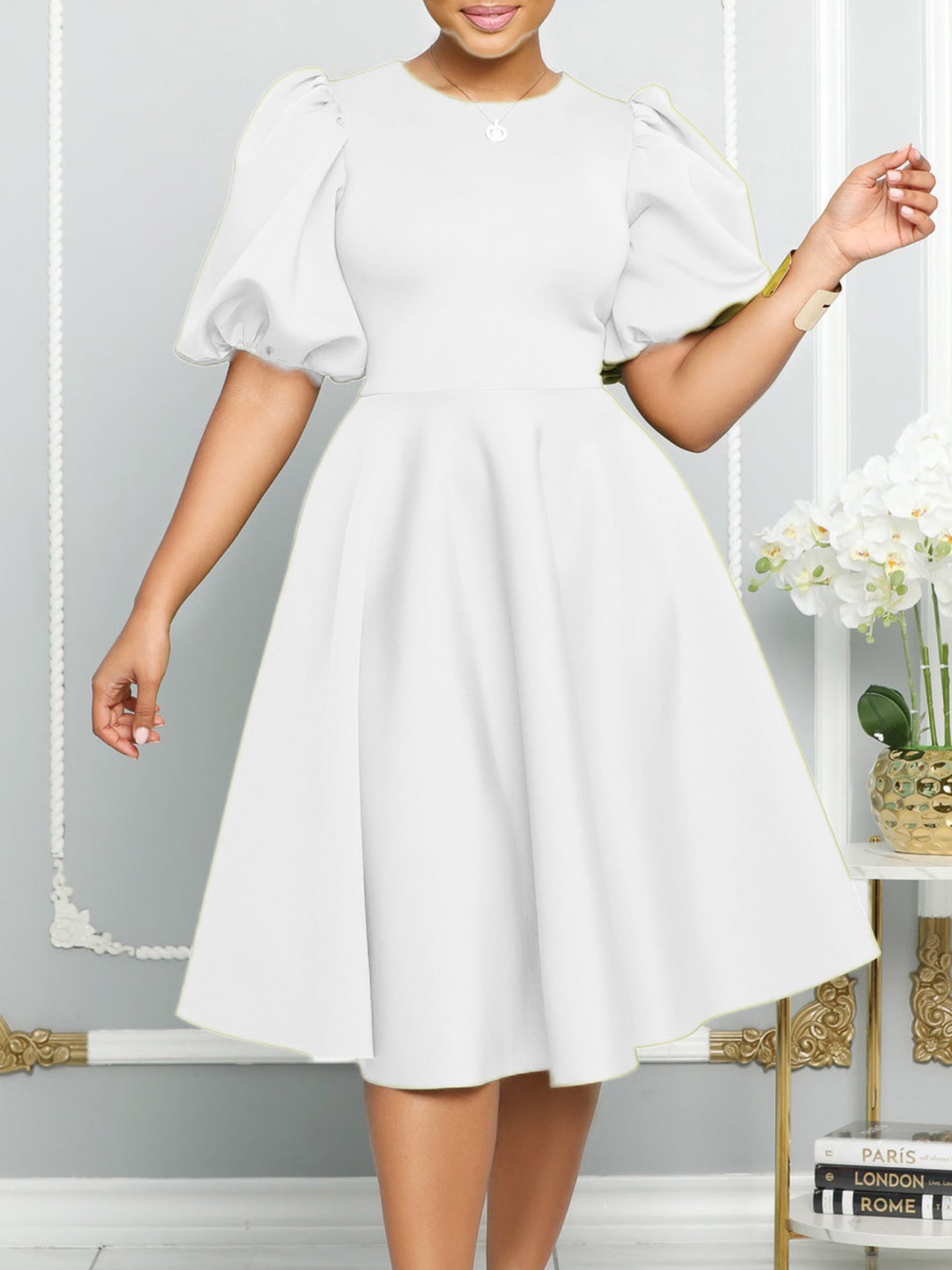 Women's Summer Short Sleeve Chic Round Neck High Waist Formal Party Evening Dress 7