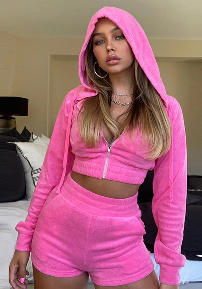 Women's Autumn Solid Velvet Hooded Long Sleeve Tight Fitting Two Piece Tracksuit