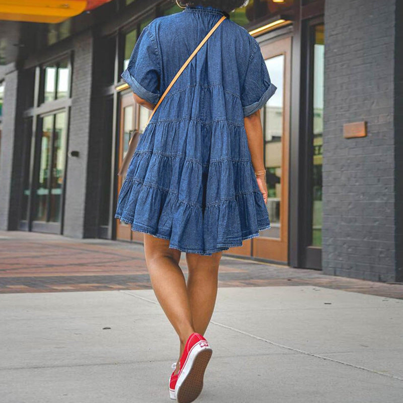 Plus Size Women Denim Short Sleeve Puffy Dress 3