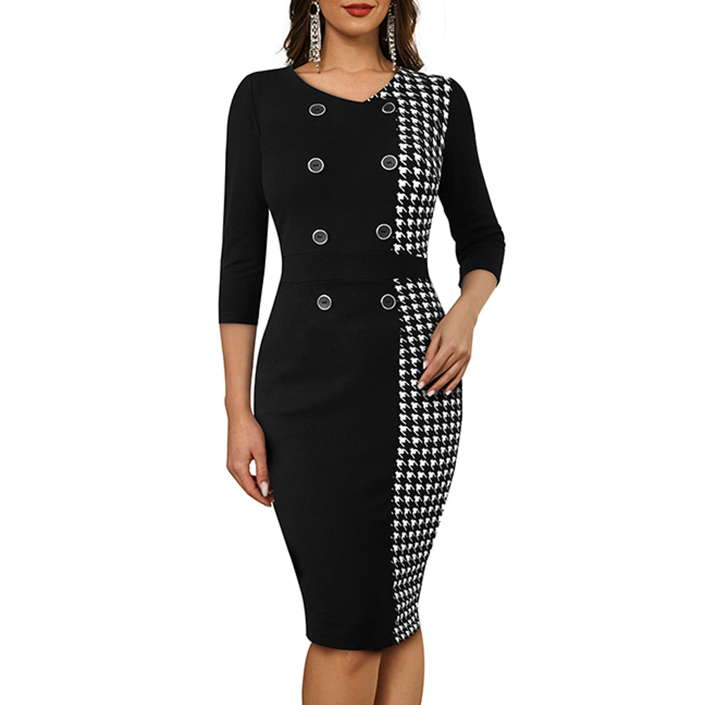 Women Button Houndstooth Patchwork Bodycon Dress