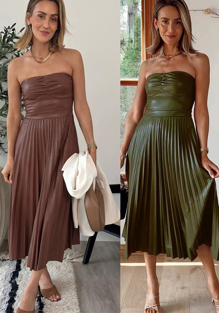Spring and autumn strapless Casual loose pleated leather dress
