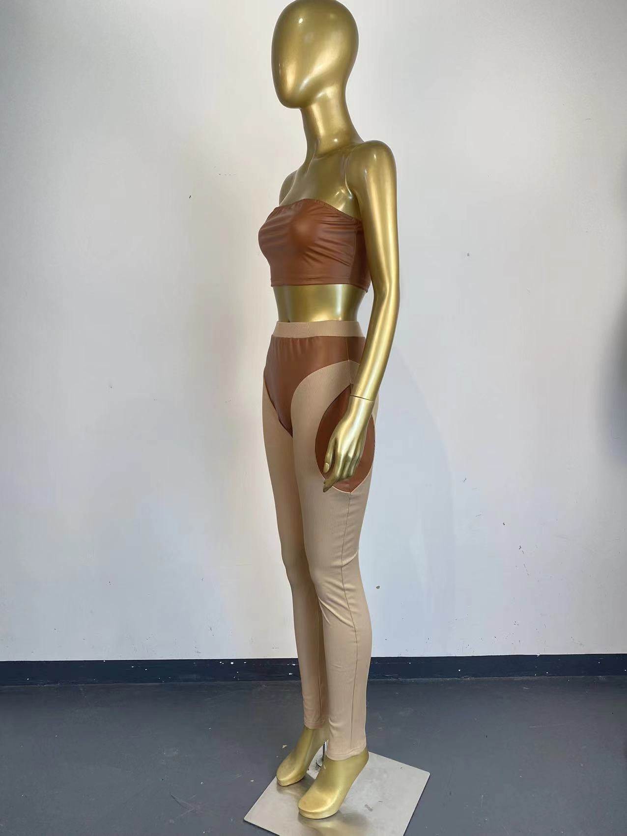 Women Sexy Colorblock Pu Leather Patchwork Strapless Top and Pants Two-Piece Set 6