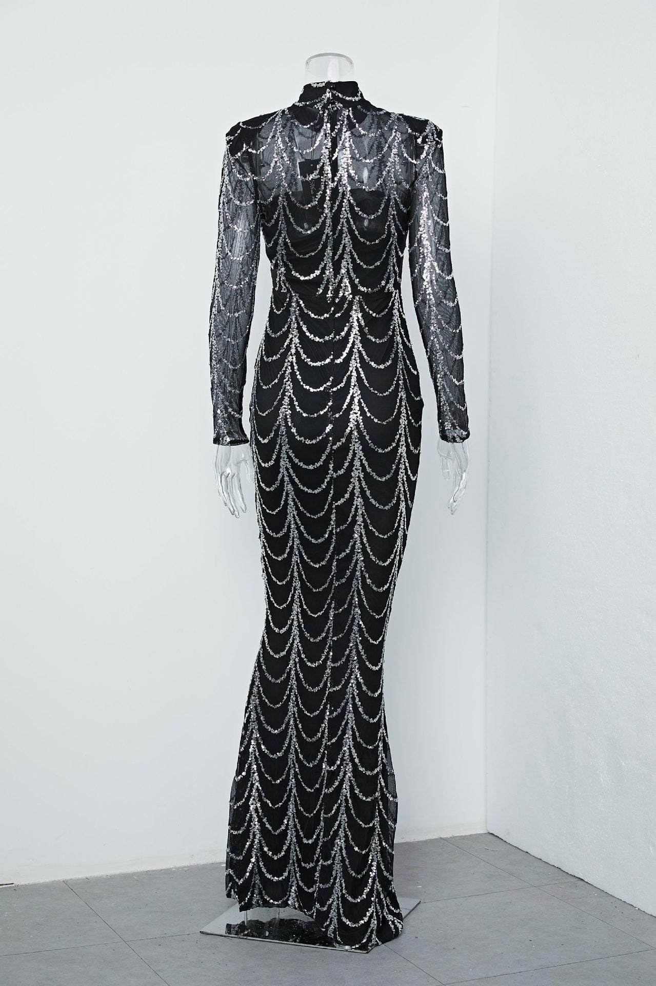 Long Sleeve Sexy See-Through Striped Sequin Long Evening Dress 7