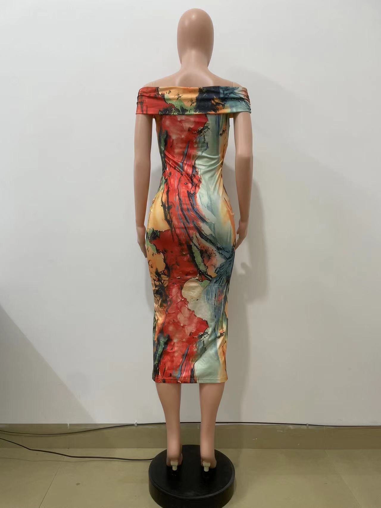 Women's Off Shoulder Fashion Printed Slim Long Dress 5