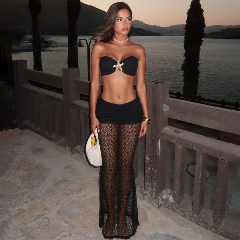 Women summer solid sexy lace-up strapless top and lace maxi skirt two-piece set 4