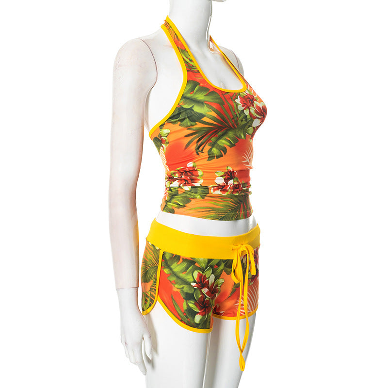 Sexy Halter Neck Printed Contrast Two Piece Shorts Set 7