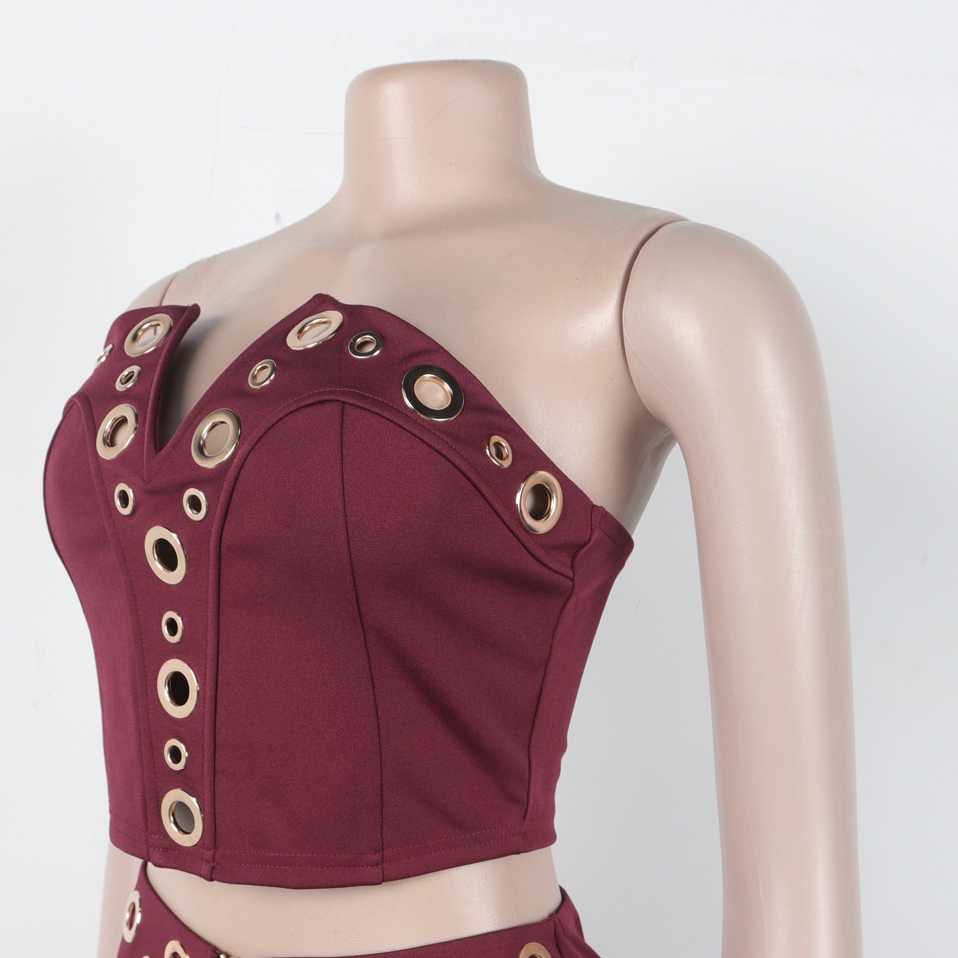 Women elegant elastic metal buckle decorated V-neck Top and Pants two-piece set 27