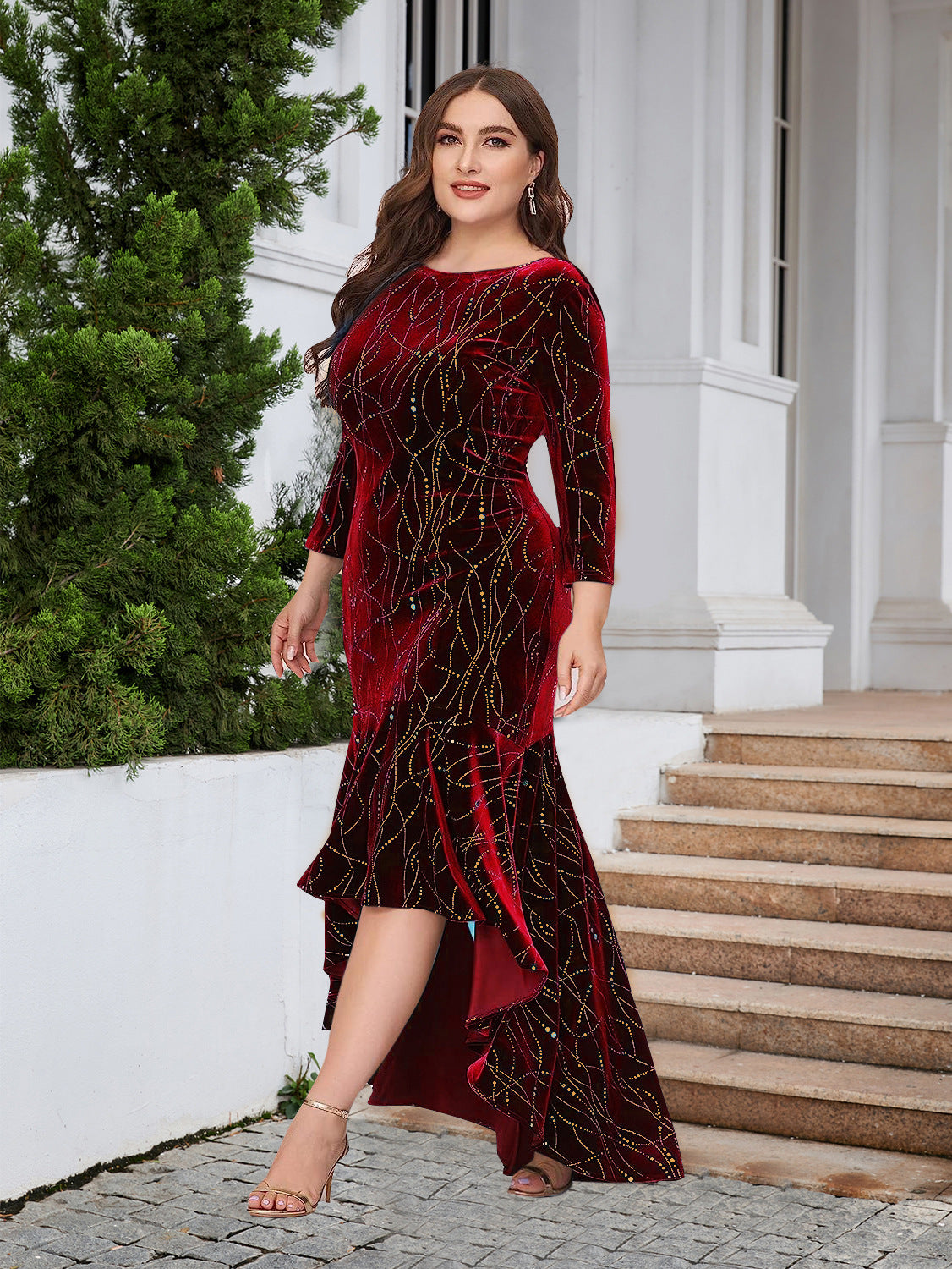Women's Plus Size Three Quarter Sleeve Mermaid High Low Hem Long Velvet Formal dress 27