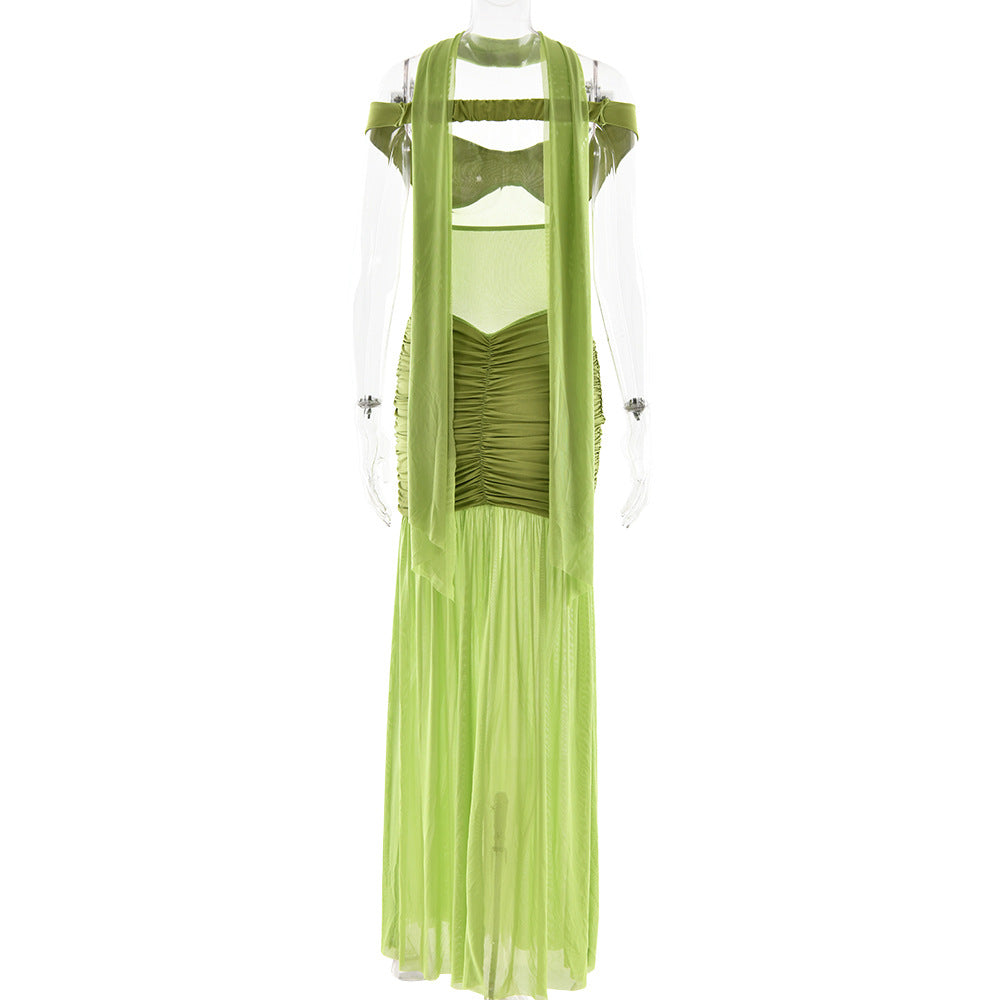 Summer Elegant Strapless Mesh Patchwork Ruffle Slit Dress 13