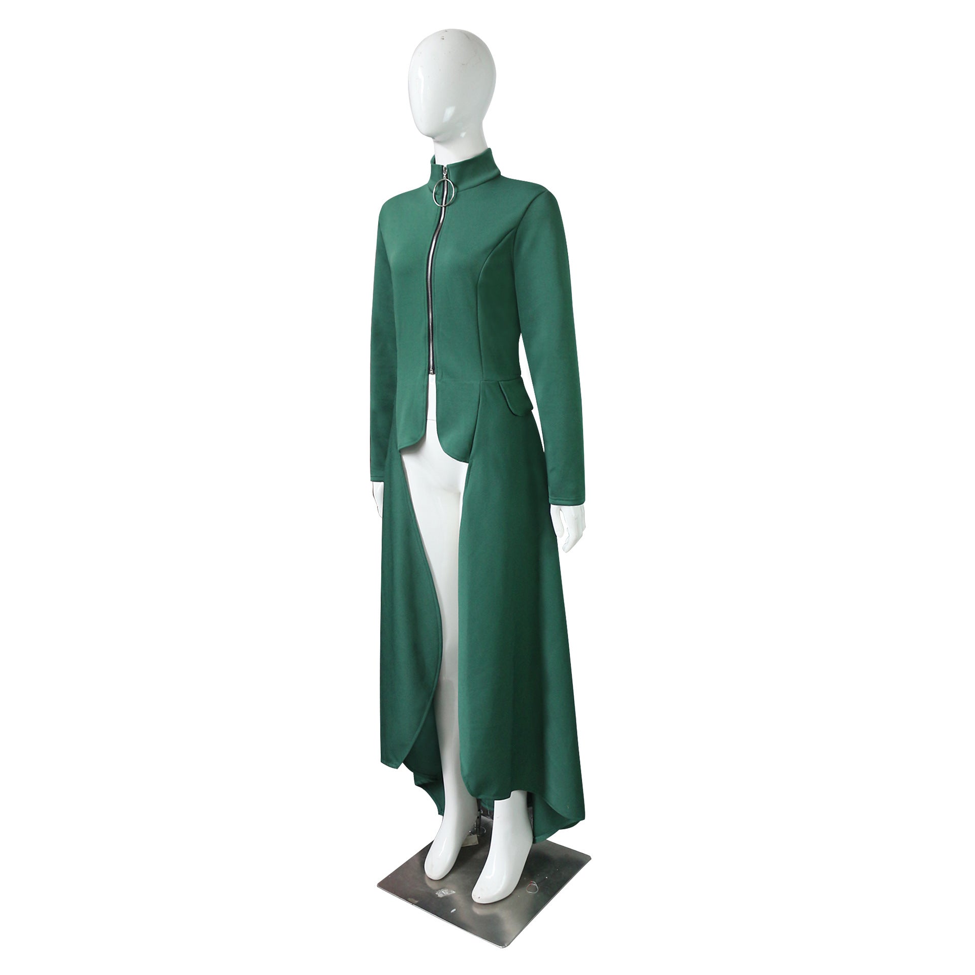 Spring Long-Sleeved High-Neck Slim Zipper Irregular Long Dress 11