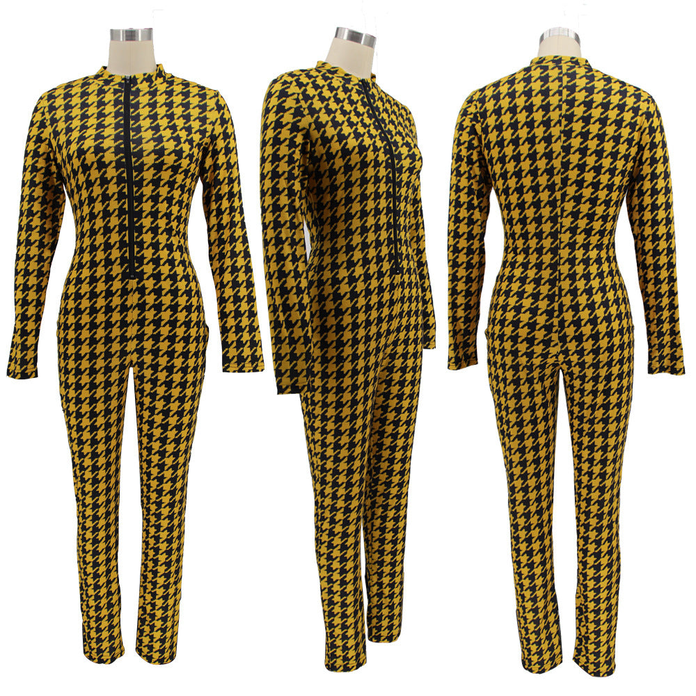 Spring Women's Plaid Print Round Neck Zipper Casual Jumpsuit 14