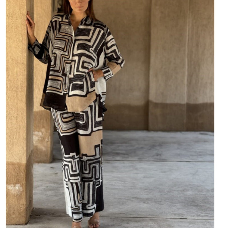 Women's Fashionable Linen Multi-Color Printed Long Sleeve Casual Two-Piece Pants Set 4