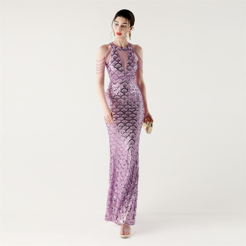 Sequin Fishtail Evening Dress Beaded Chain Formal Gown 12